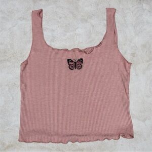 Caution To The Wind Dusty Pink Ribbed Camisole with Butterfly Accent